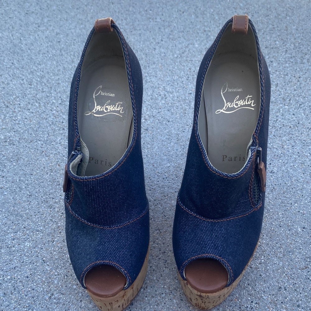 Christian Louboutin Dark Blue Denim Peep-Toe Cork Wedge Booties